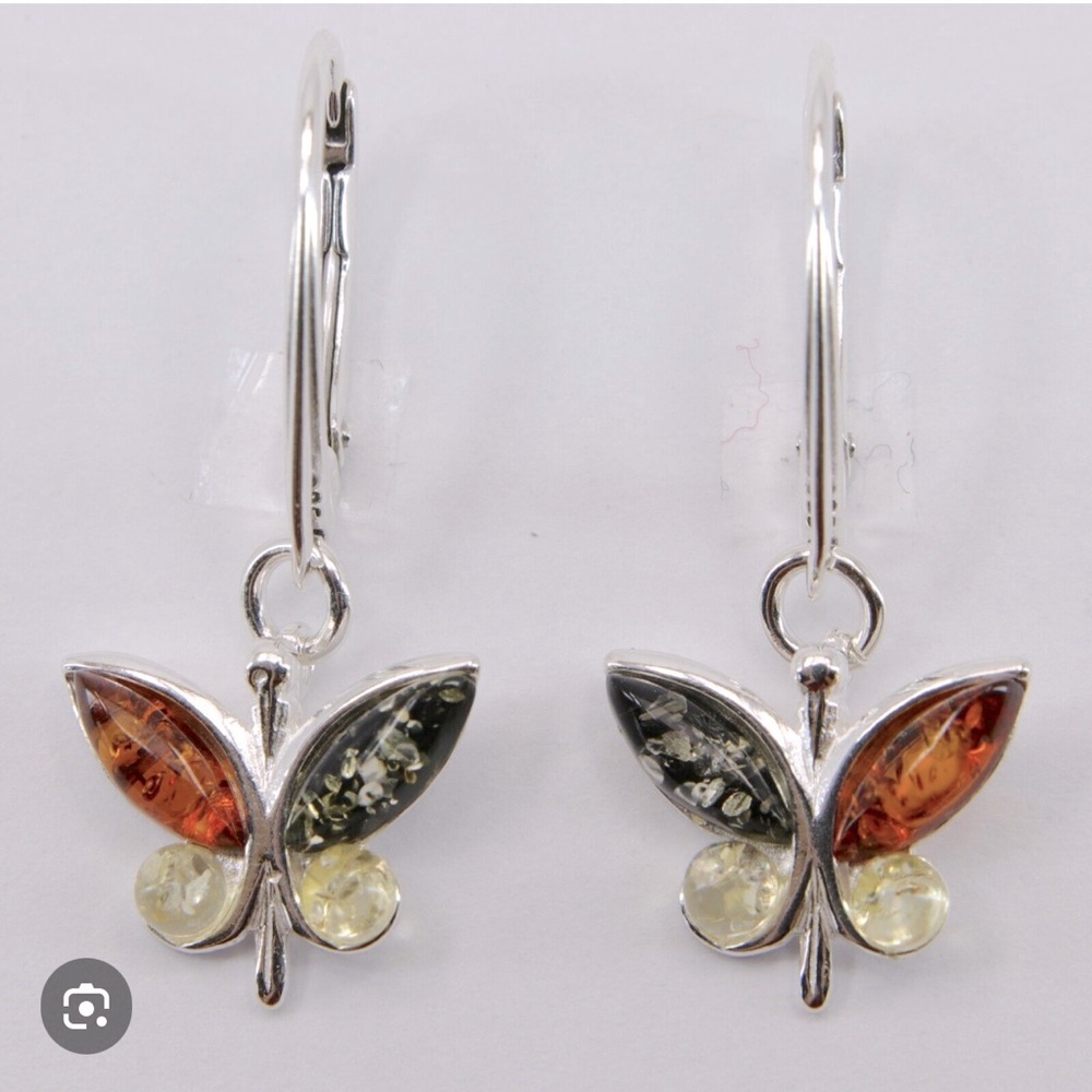 Midwest Amber 925 Sterling Silver dainty butterfly lever back earrings